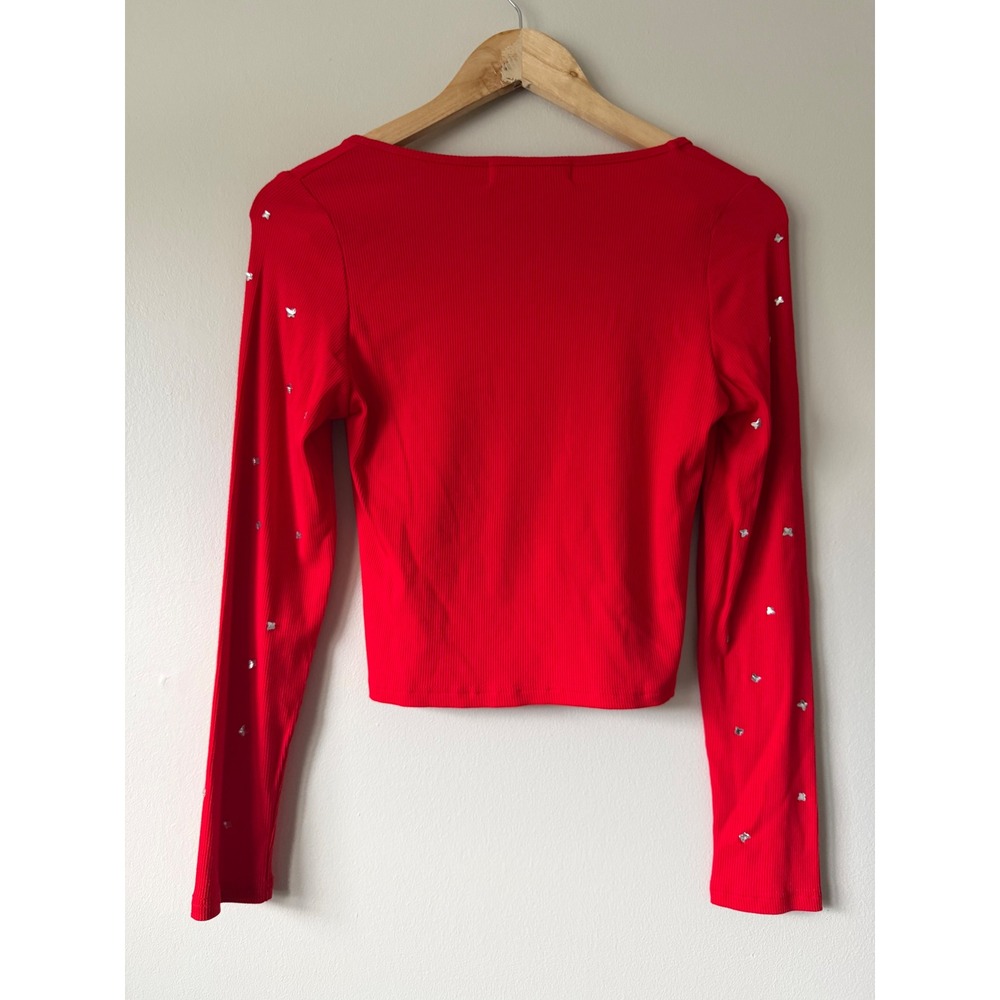 Lizette Collection Red Ribbed Butterfly Rhinestone Square Neck Crop Top M NEW - Picture 5 of 5